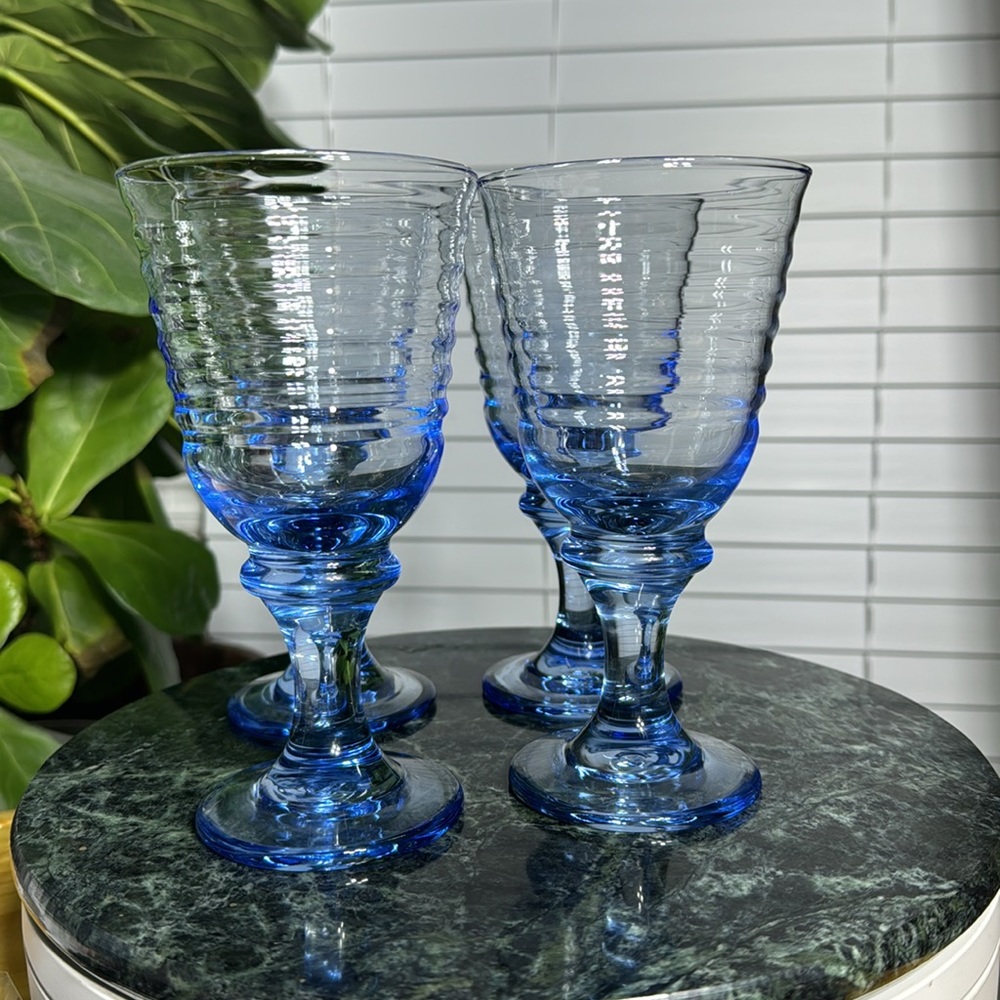 Set of 4 Vintage Sirrus Blue Water Goblets By Libbey Heavy Glasses - Picture 5 of 8